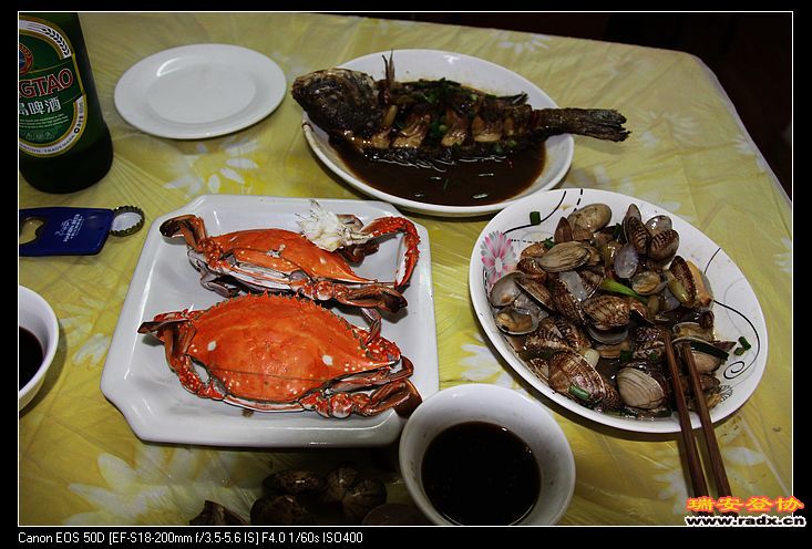 中午到大河市场买来螃蟹4只30元，海鲫鱼30元，蛤7元，加工费40元（有点贵但味道不错），啤酒2瓶16元，共123 ...